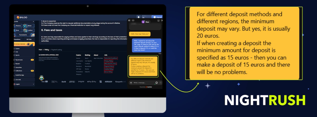 Monitor displaying the Baloo casino. A callout box highlights chat with live support.