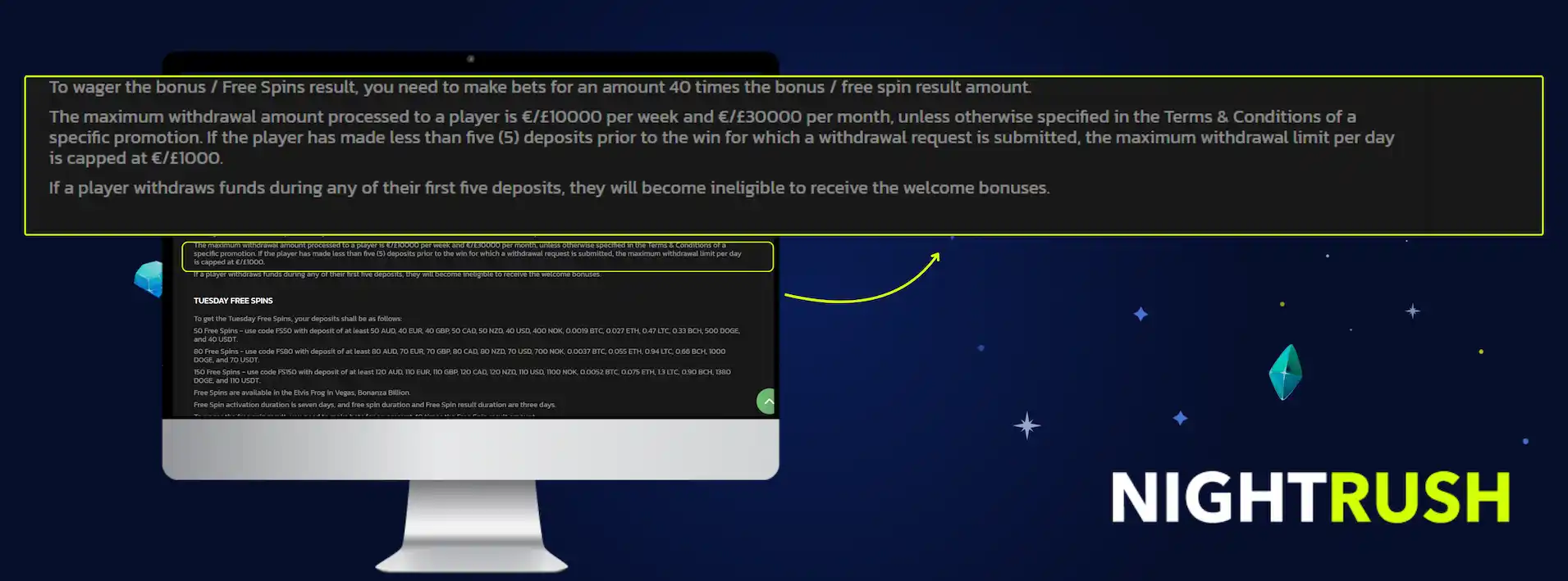 Hidden Jack Casino's terms are highlighted on a screen with the Nightrush logo against a blue background.