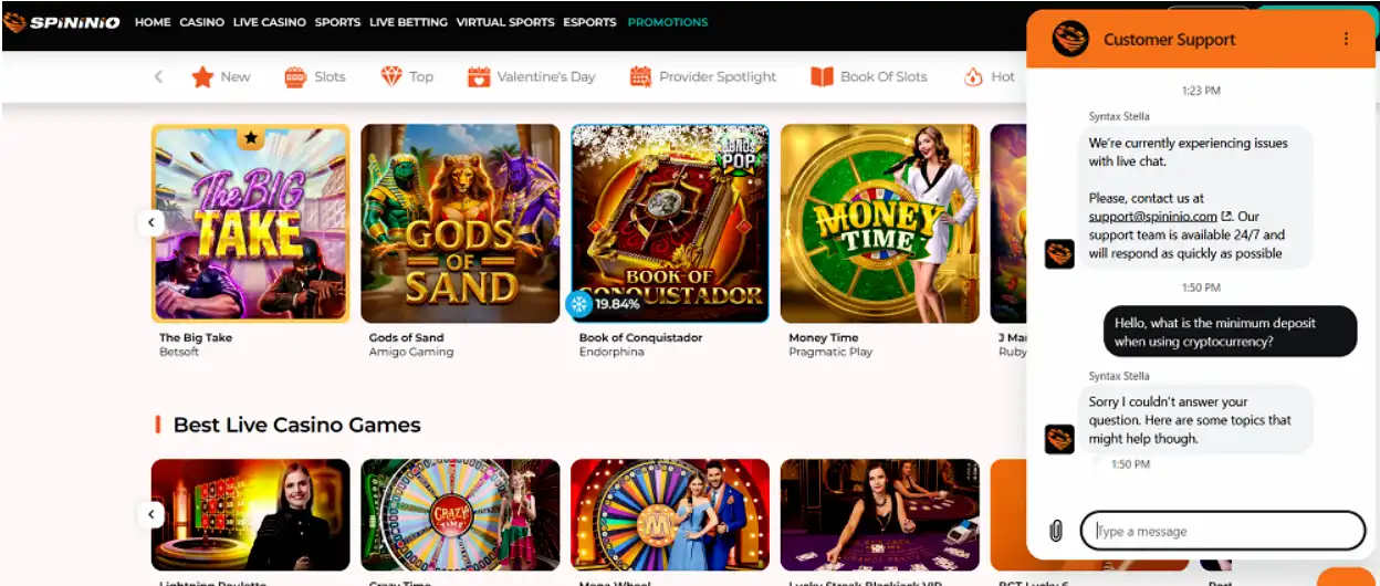 Spininio casino website with a customer support chat window showing an automated response.