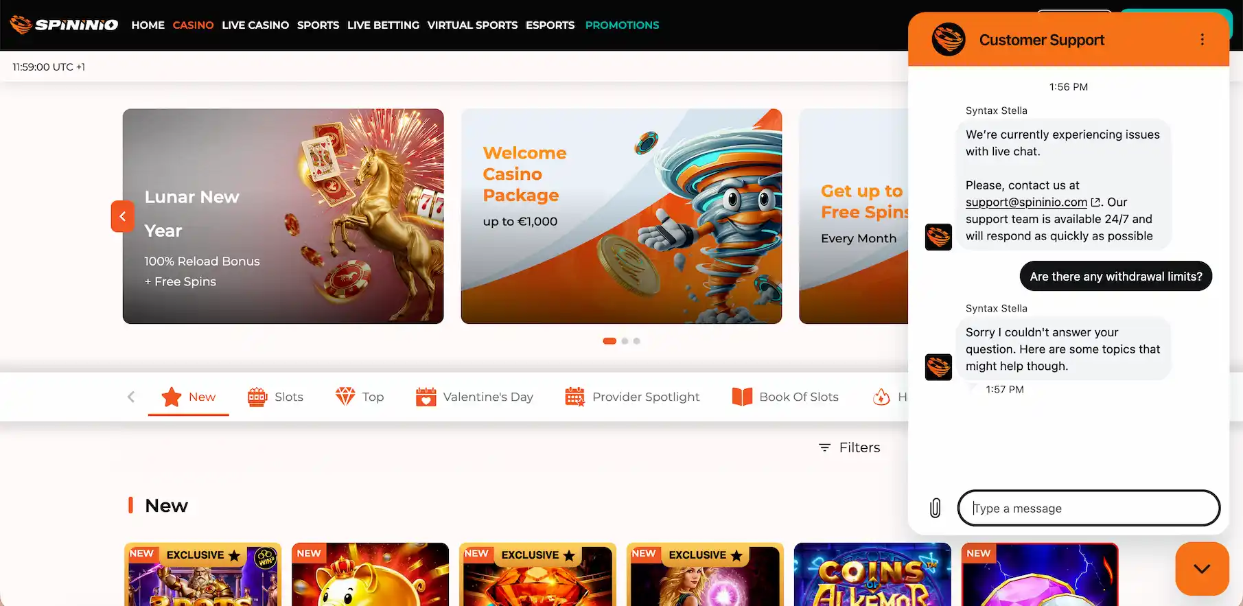 Spininio homepage showing a Welcome Casino Package banner and a customer support chat window.