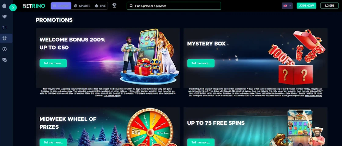 Screenshot of Betrino Casino Promotions page