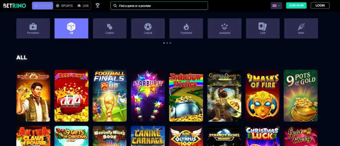 Screenshot of Betrino game selection
