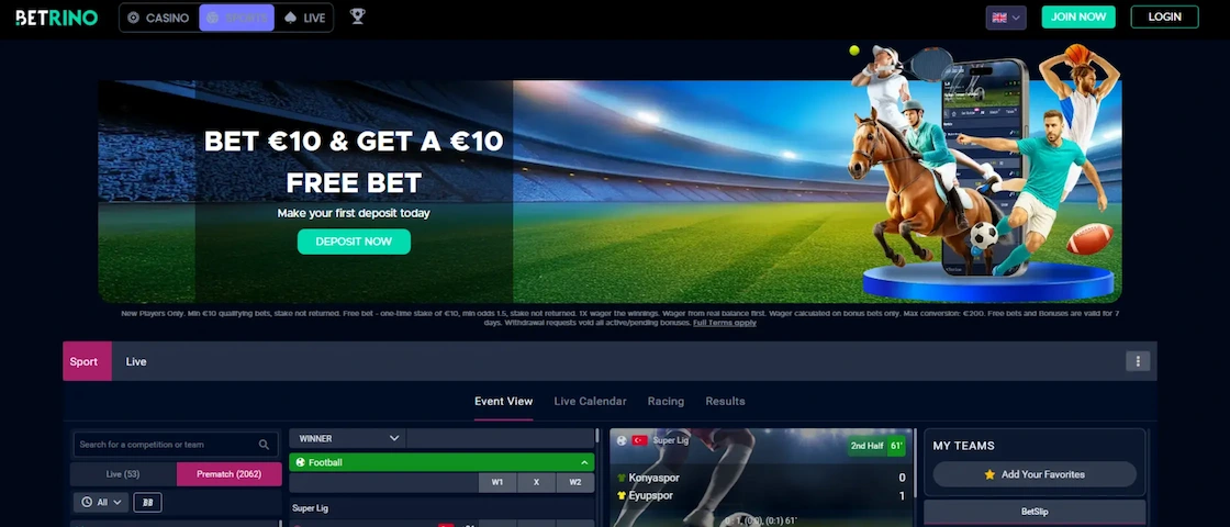 Screenshot of Betrino Casino's sportsbook.