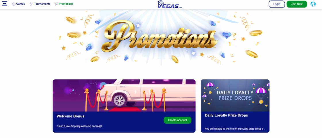 Screenshot of BluVegas Casino’s promotions page.