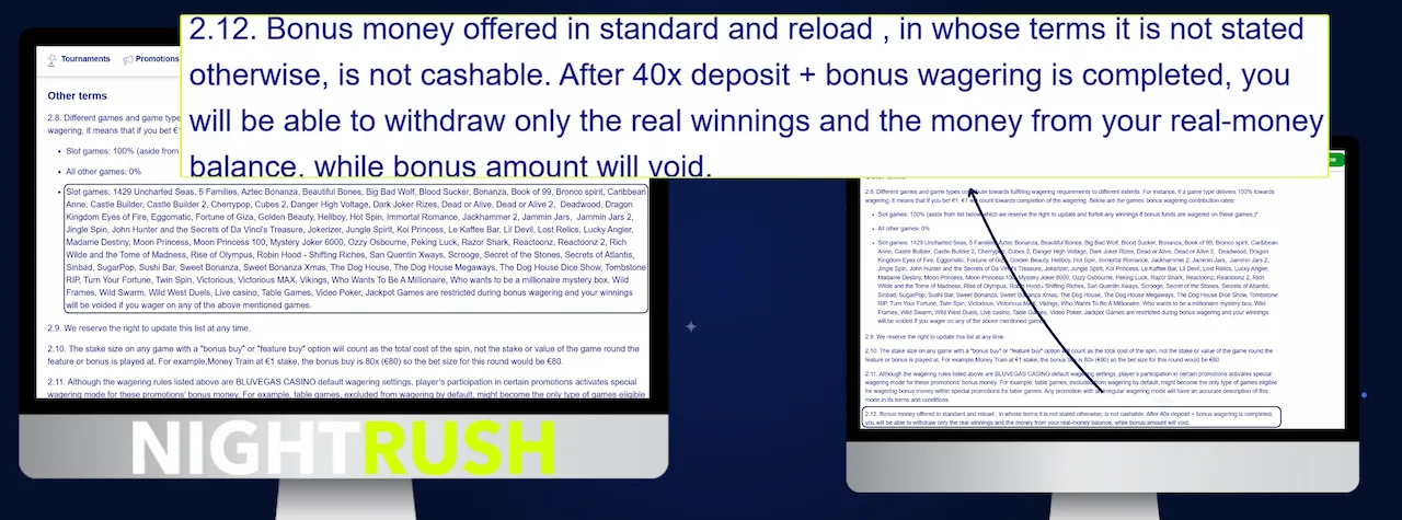 Monitors displaying the bonus terms page for BluVegas. A callout box highlights section 2.12.