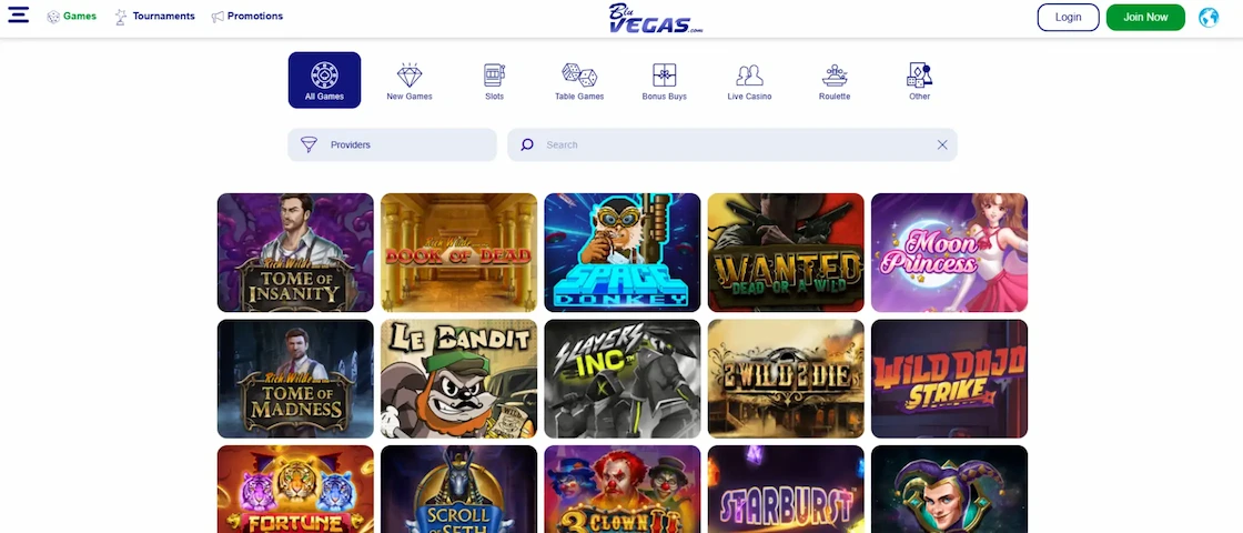 Screenshot of BluVegas Casino game selection.