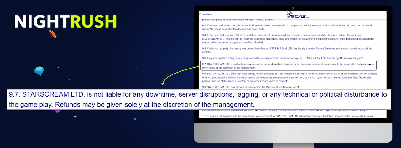 Monitor displaying the Terms and Conditions page for BluVegas. A callout box highlights section 9.7.