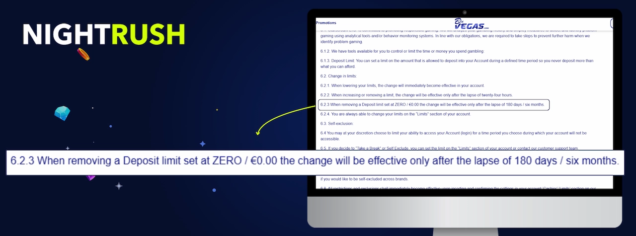 Monitor displaying the Terms and Conditions page for BluVegas. A callout box highlights section 6.2.3.