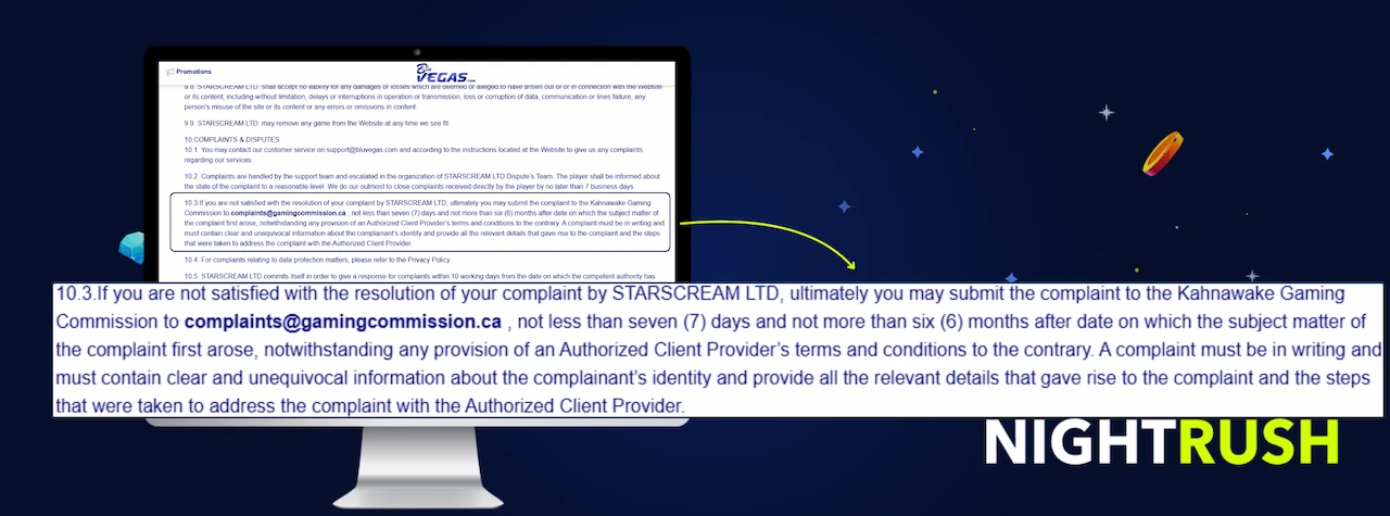 Monitor displaying the Terms and Conditions page for BluVegas. A callout box highlights section 10.3.