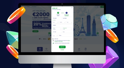 Laptop shows BluVegas registration form with sections of personal information.