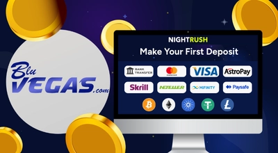 Laptop shows Payment Methods with BluVegas.com logo next to it.