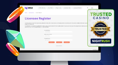 Laptop screen showing the Malta Gaming Authority Licensee Register alongside a trusted casino seal.