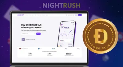 Laptop showing a cryptocurrency exchange interface for buying Dogecoin.