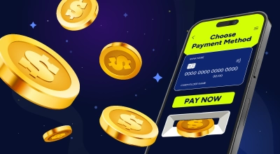 Smartphone screen showing a payment method interface with floating gold coins.