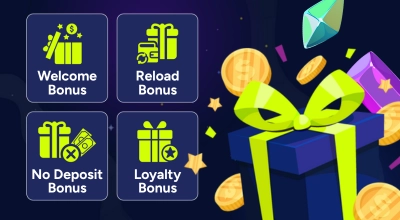 Four icons for Welcome, Reload, No Deposit, and Loyalty bonuses next to a blue gift box.