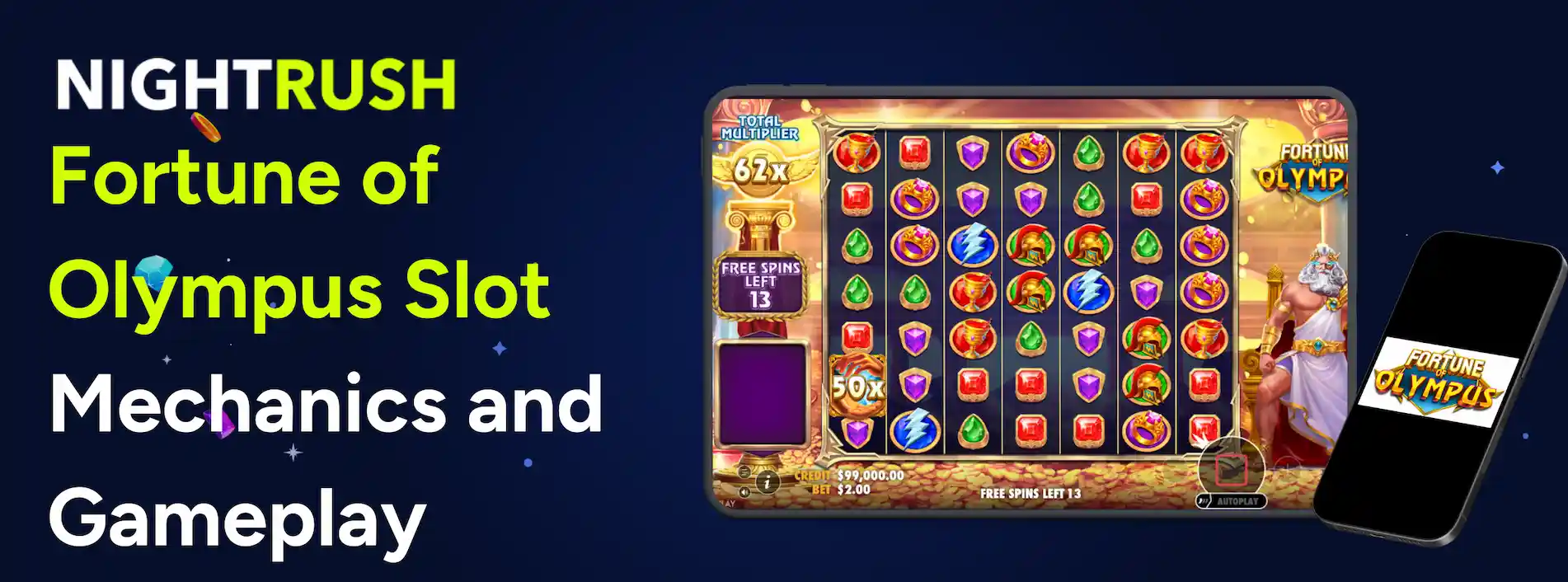 Banner featuring the Fortune of Olympus slot on a tablet next to a smartphone.