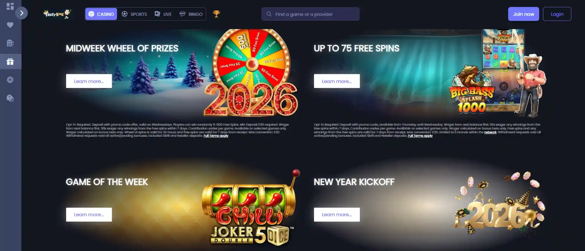 Screenshot of Fruity King Casino's promotions page