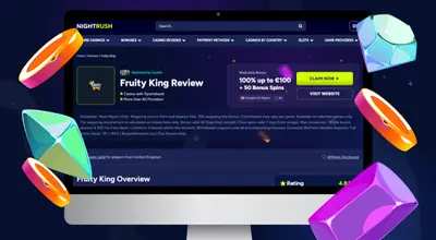Laptop shows Nightrush website, Fruity King Casino Review