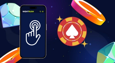 Smartphone screen featuring a hand icon touching the display next to a red playing card chip.