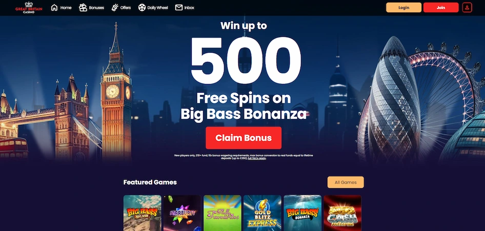 Great Britain Casino's main page, a welcome offer against the historical marks of the UK banner.