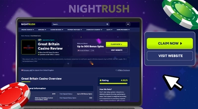 A laptop with Great Britain Casino on Nightrush, a claim button, and two coins are displayed.