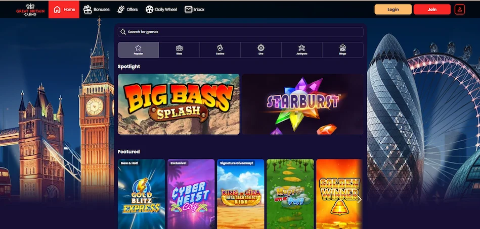 Great Britain Casino's games, menu options and featured titles against a blue banner.