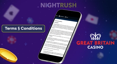 A phone with Great Britain Casino's terms, a terms button, a coin, and the casino logo are displayed.