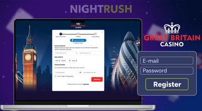 A laptop with Great Britain Casino, a register button, and the casino logo are displayed.