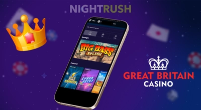A phone with Great Britain Casino's games, a crown, and the casino logo are displayed.