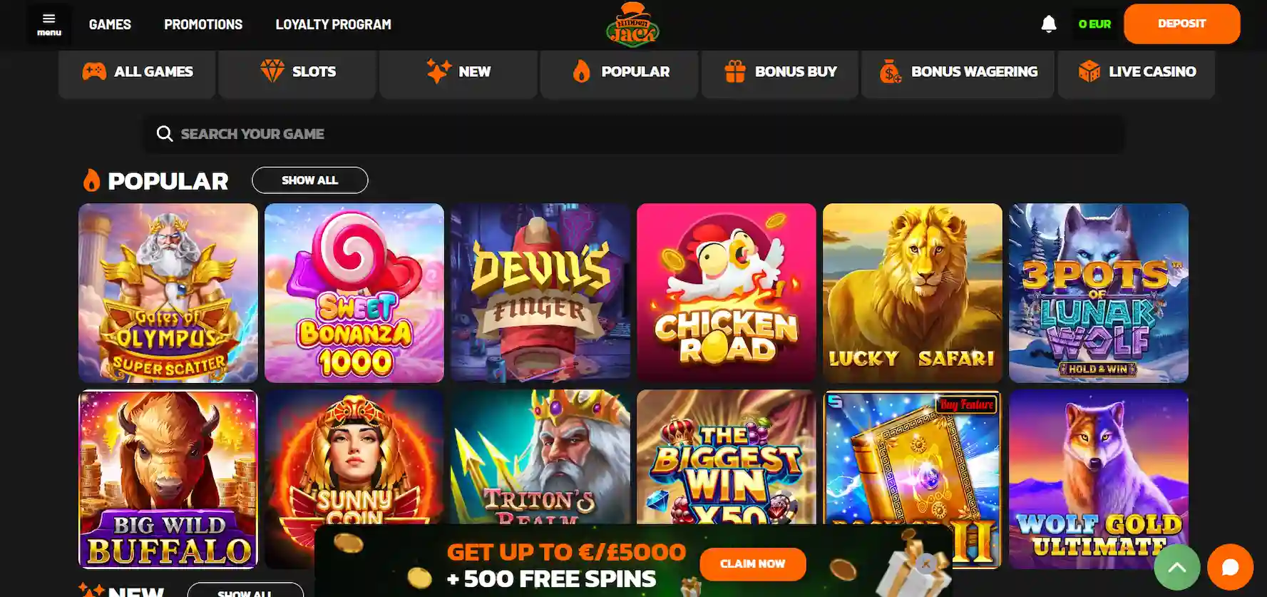 Hidden Jack Casino's main page with popular titles and filters against a black background.
