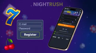 Smartphone displaying a casino registration form with fields for email, password, and country.