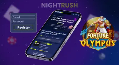 Smartphone displaying a Pragmatic Play casino list and a Fortune of Olympus game character.