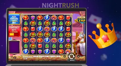 Laptop screen displaying the Fortune of Olympus slot game next to a floating gold crown.