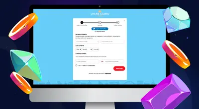 Laptop shows Online Casino London's registration form.