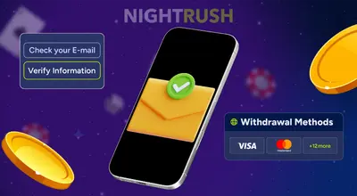Smartphone showing a verified email icon next to Visa and Mastercard withdrawal options.