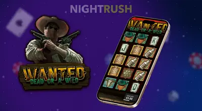 Smartphone screen displaying the Wanted Dead or a Wild slot game next to a masked cowboy character.