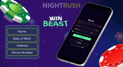 WinBeast's registration on a phone with two coins, a personal details button, and the casino logo.