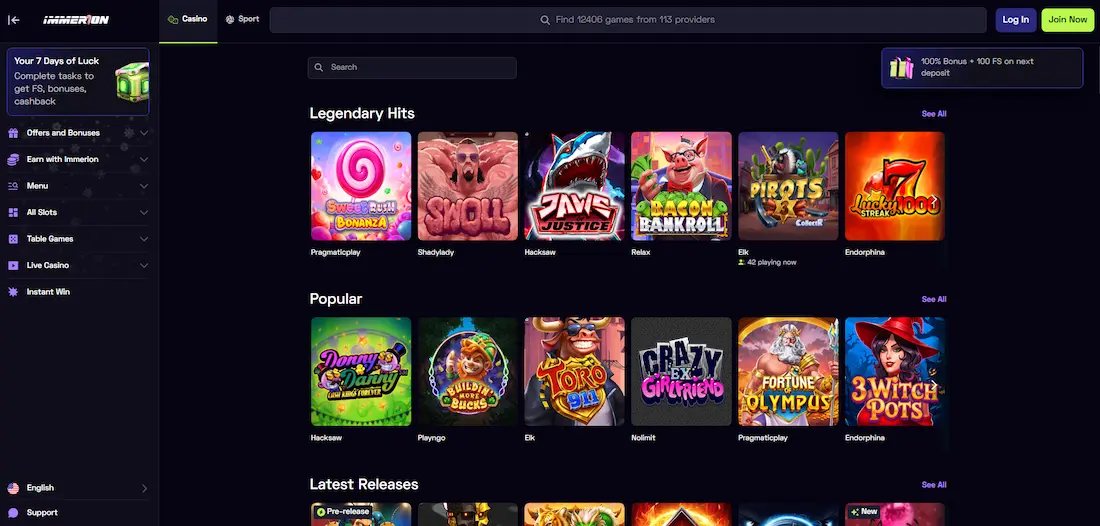 Immerion Casino games page