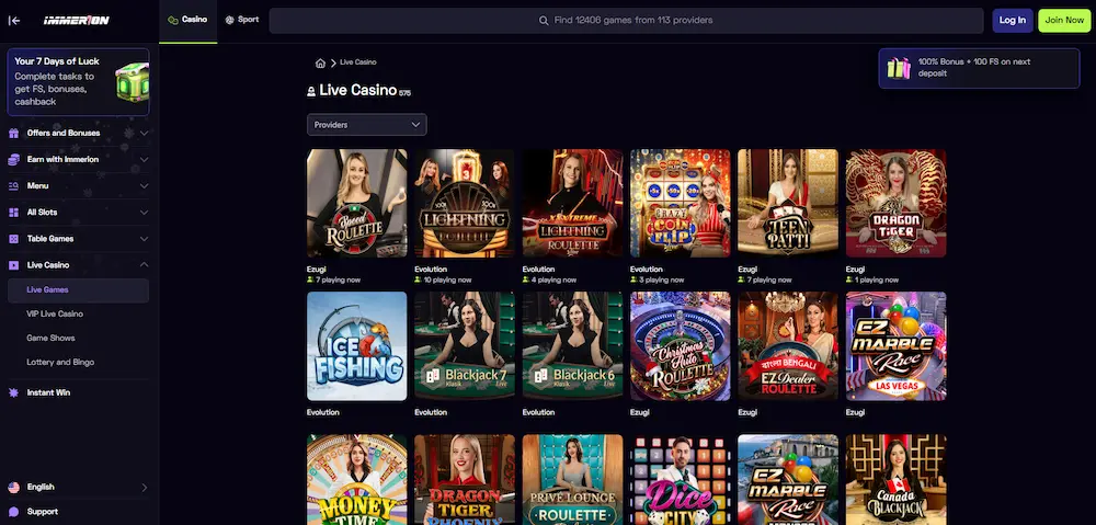 Immerion Casino live dealer games page