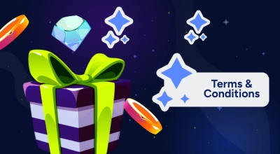 Illustrative graphic of a purple gift box with a lime green ribbon, featuring a speech bubble for Terms & Conditions.