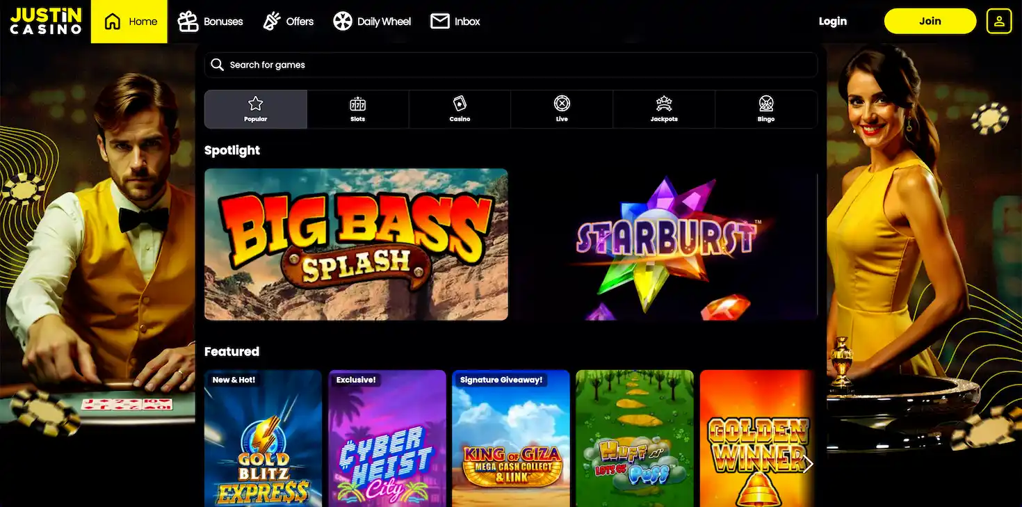 Justin Casino homepage.