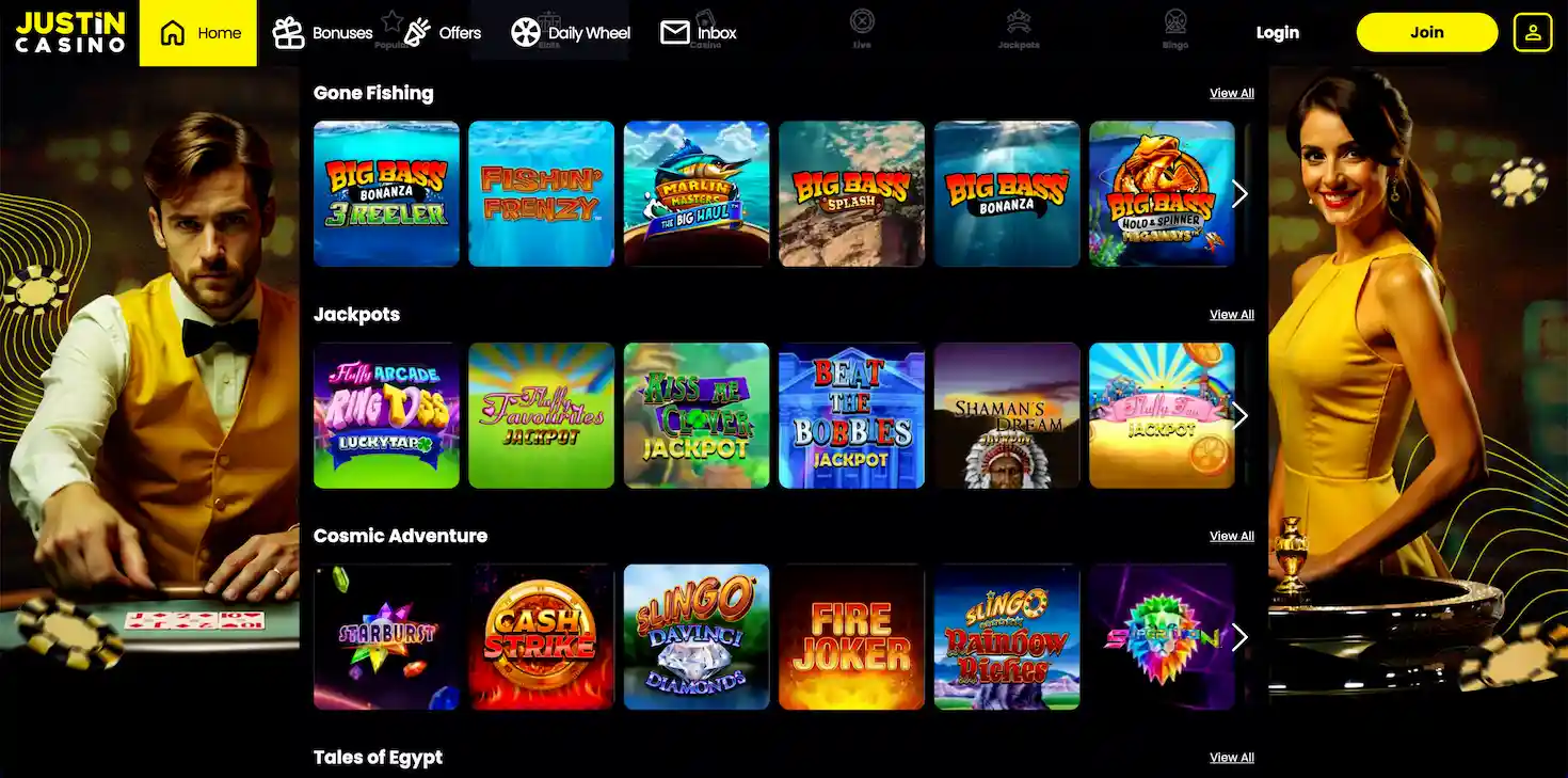 Justin Casino game selection.