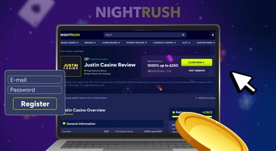 Laptop screen displaying the Justin Casino review page.