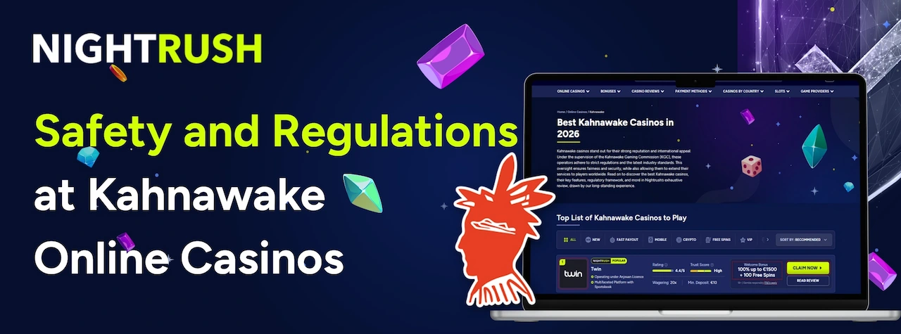 Banner about safety and regulations at Kahnawake online casinos with a shield and a profile icon.