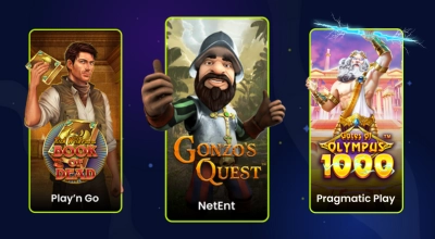 Three vertical banners showcasing popular online slots and their respective software providers.