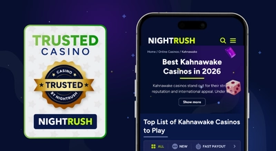 Smartphone screen showing a Trusted Casino seal and a list of the best Kahnawake online casinos to play.