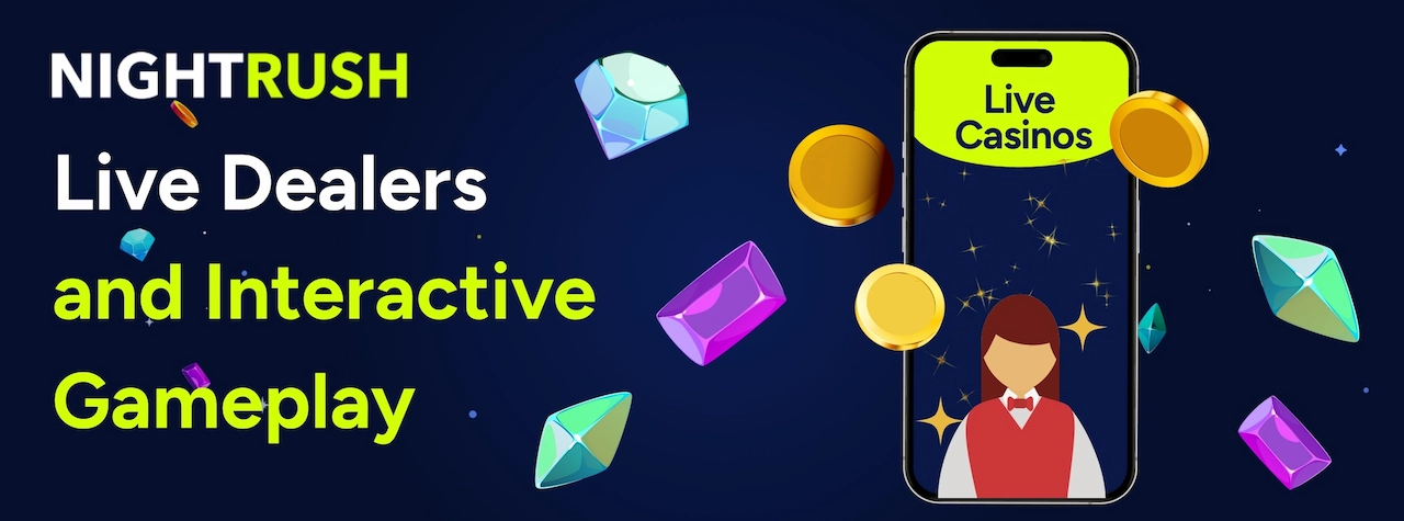 Banner with a live dealer illustration and falling poker chips for top-rated live casino sites.