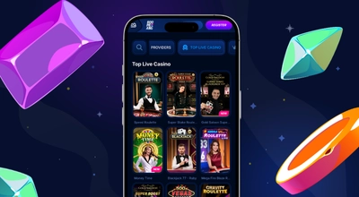 Smartphone screen displaying a variety of top live casino games like Speed Roulette and Money Time.