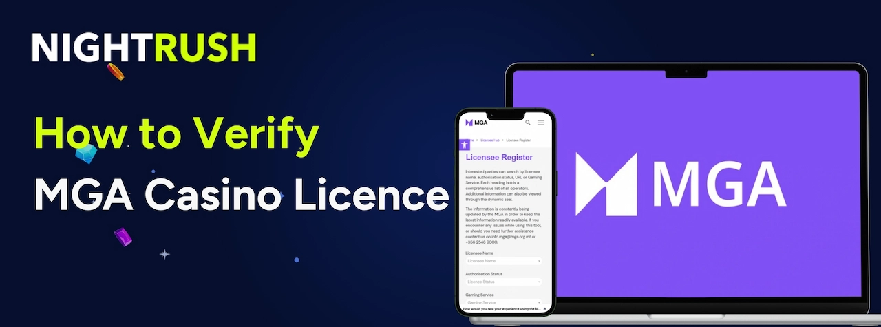 Laptop screen displaying the Malta Gaming Authority Licensee Register alongside text regarding verifying an MGA licence.