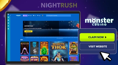 A laptop with Monster Casino's homepage, a claim button and a casino logo on a starry background.